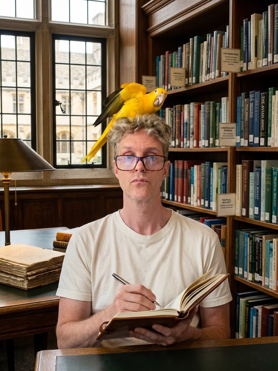 An AI-created portrait of Michael writing in a library, with Zuko perched on his head.